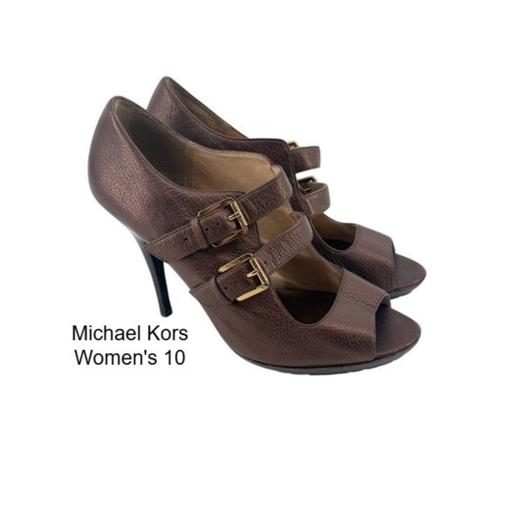 Michael Kors Bronze Metallic Leather Double Buckle Peep Toe‎ Stiletto Heels 10M